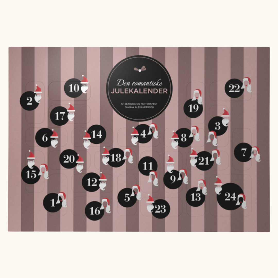 Romantisk julekalender i rosa med 24 nummererede låger og julemands-illustrationer