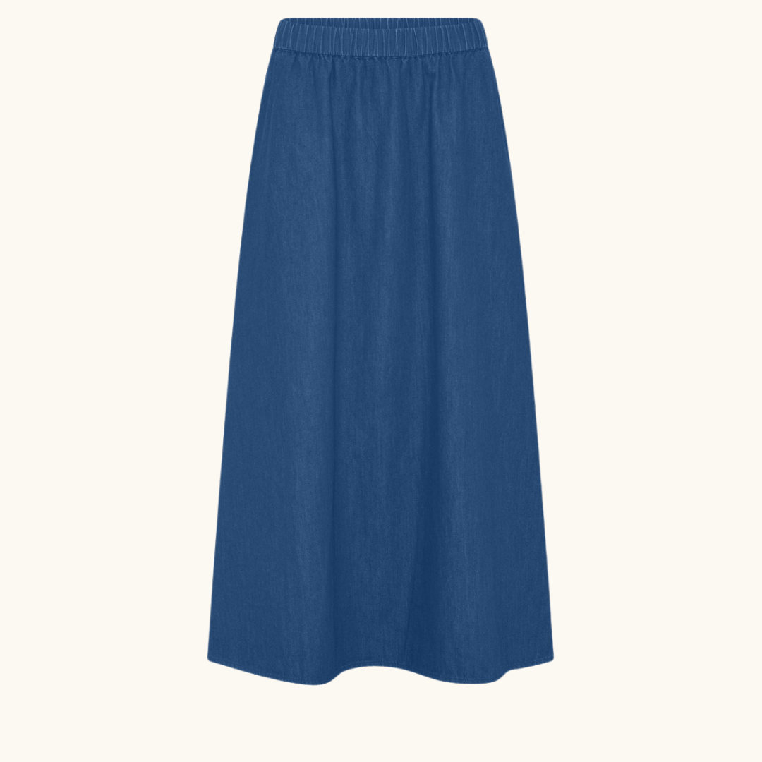 Blå denim maxi-nederdel i A-facon med elastik i taljen