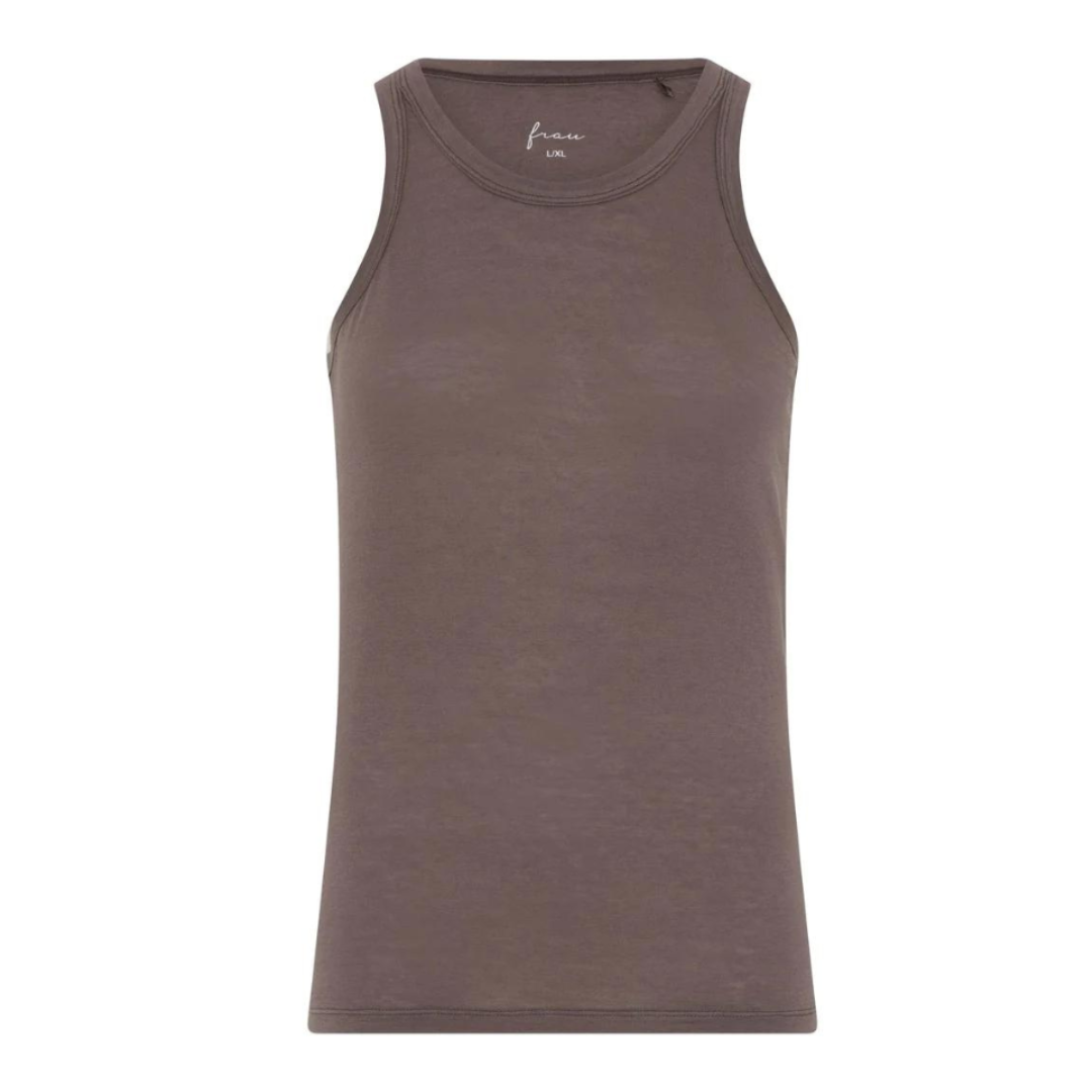 Mørkebrun tanktop i modal og cashmere med rund hals og bryderryg
