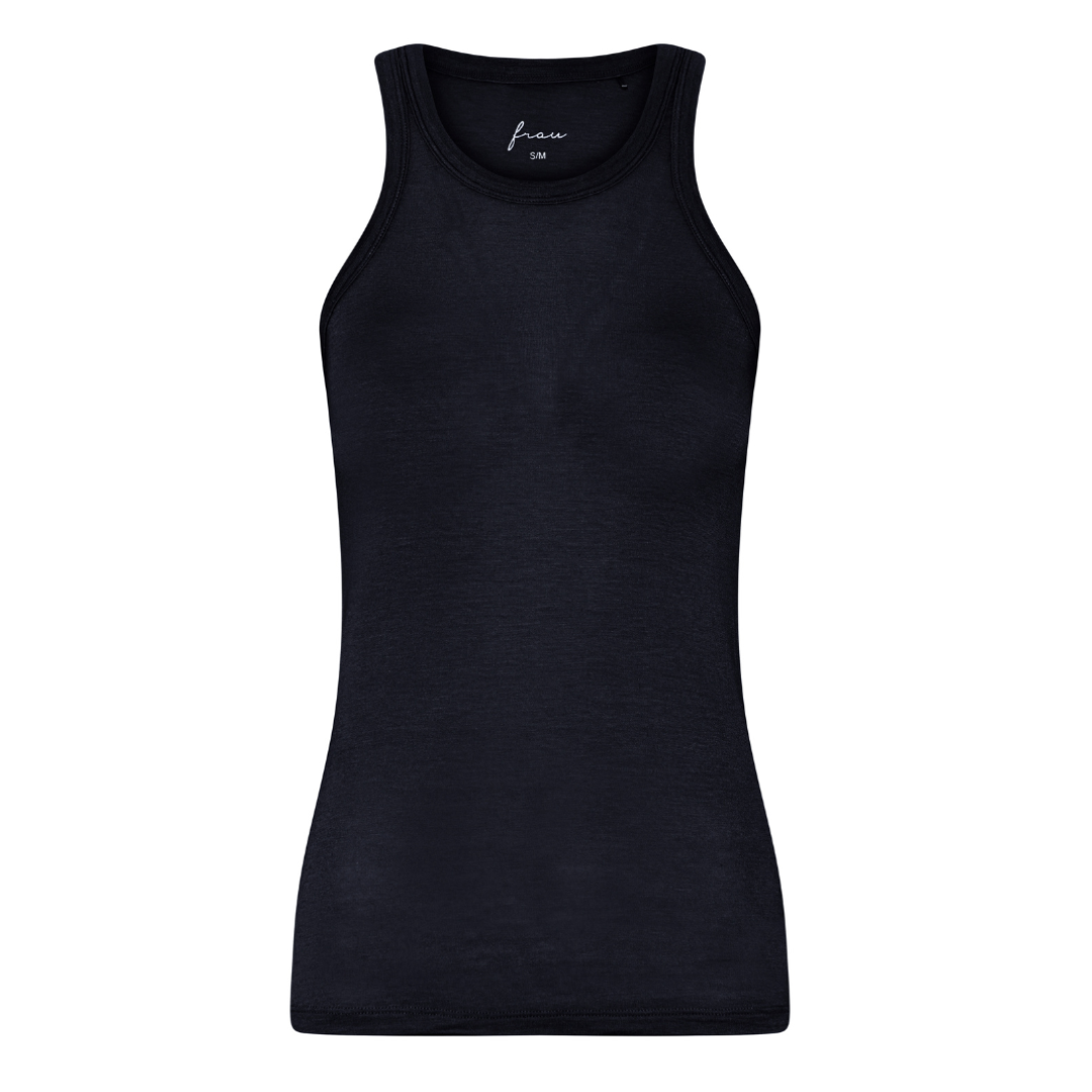 Mørkeblå tanktop i modal og cashmere med rund hals og bryderryg