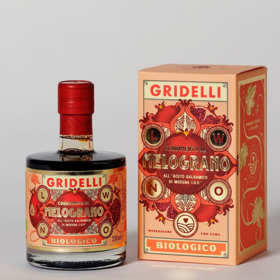 Gridelli balsamico med granatæble, 250 ml glasflaske med rød prop og dekorativ æske
