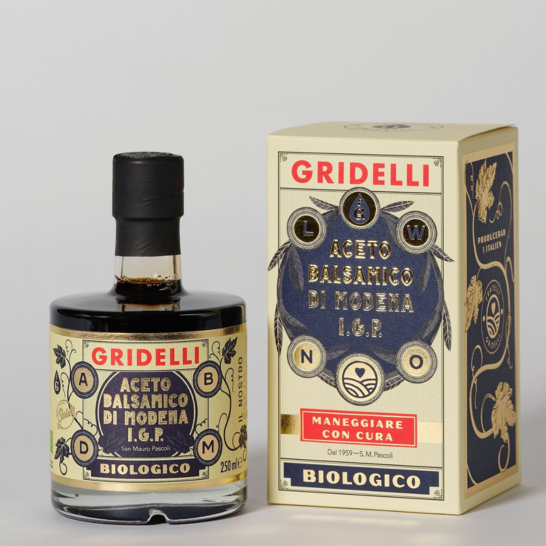 Gridelli Aceto Balsamico di Modena 250 ml glasflaske med sort låg og tilhørende gaveæske