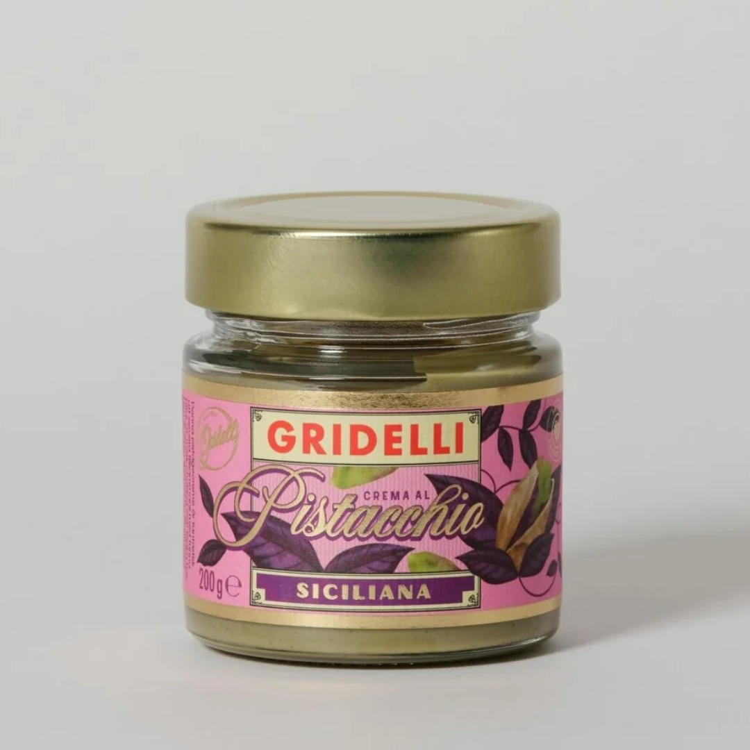 Gridelli Crema al Pistacchio i klart glas med guldlåg og lyserød etiket, 200 g