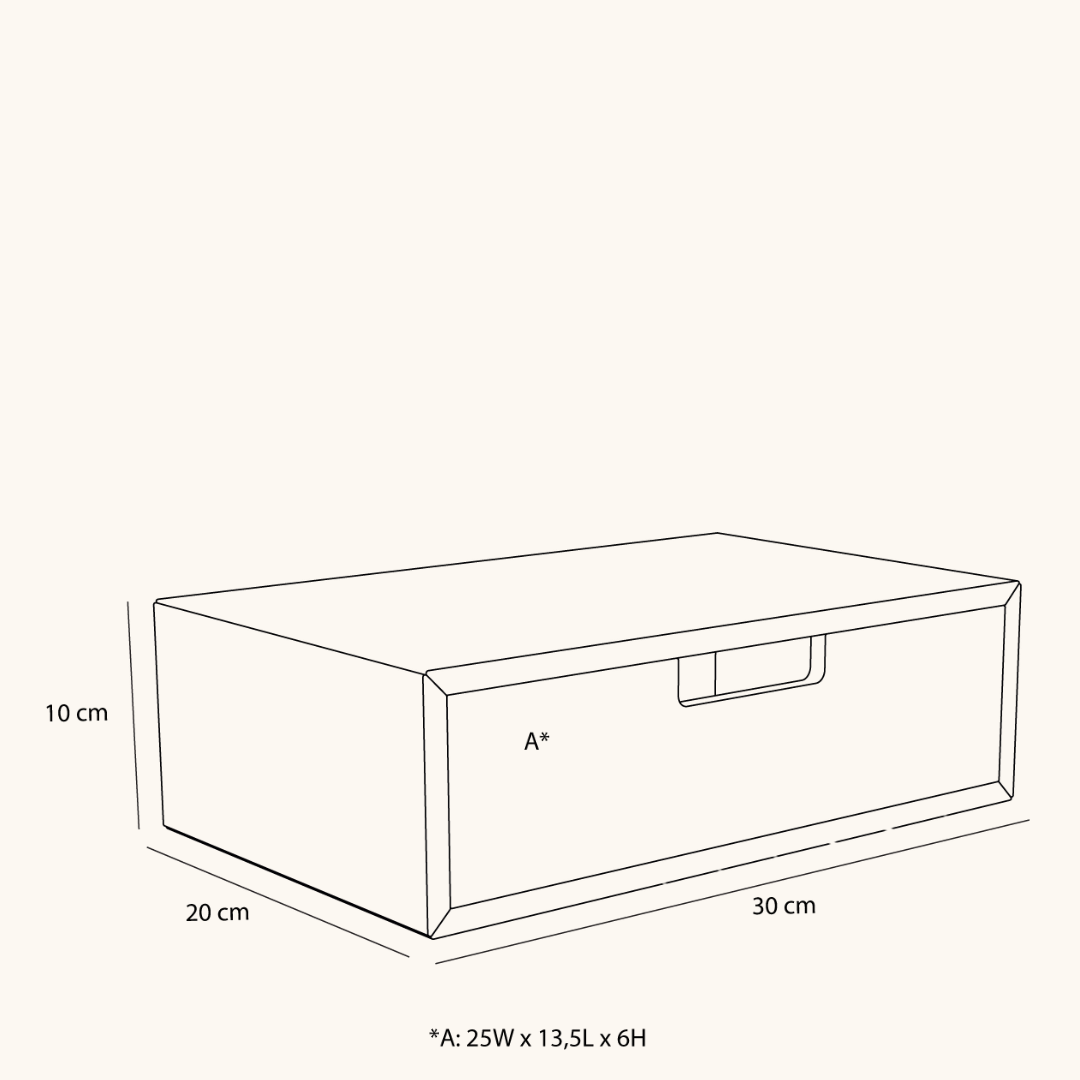 Måltegning af rektangulær opbevaringskasse i egetræ, 30x20x10 cm med håndtag