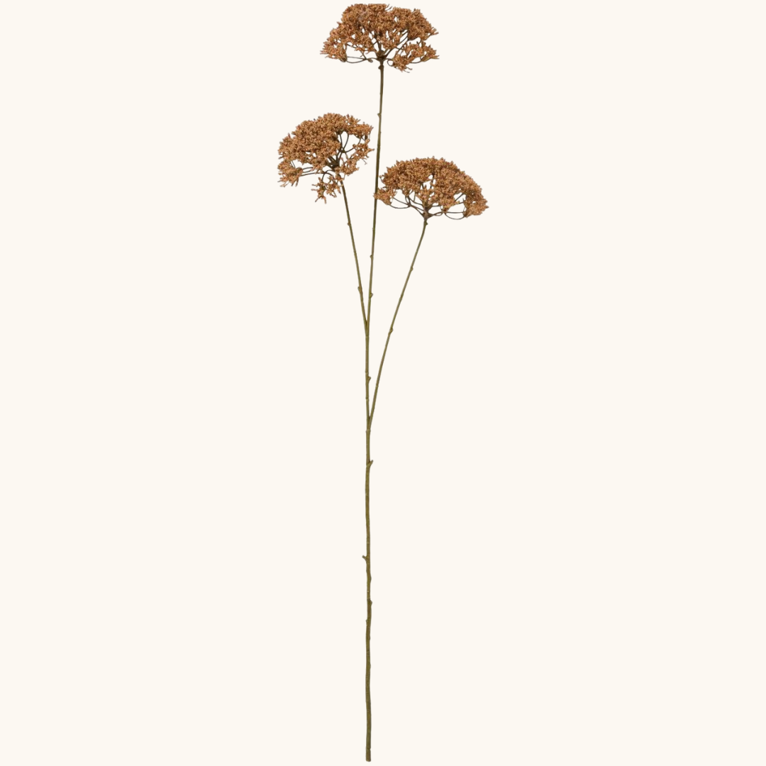 Kunstig brun blomsterstilk med tre skærmblomster på grøn stilk