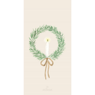 Creme papirserviet med akvarel-illustration af grøn grangren-krans, hvidt lys og beige sløjfe