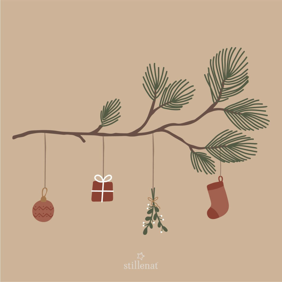 Papirserviet med illustration af grøn gran gren med julekugle, gave, mistelten og strømpe