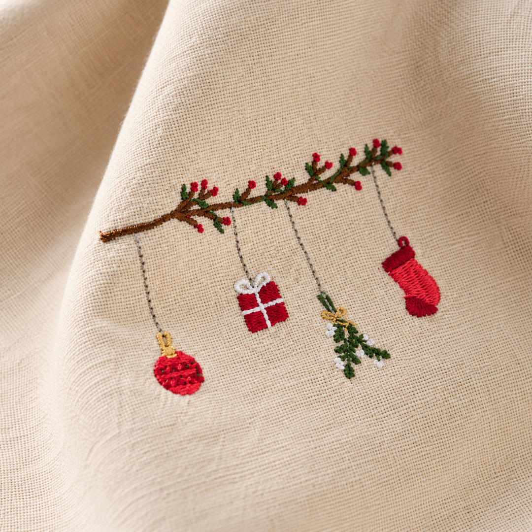 Hørfarvet bomuldsserviet med broderet julegren med kugle, gave, mistelten og strømpe