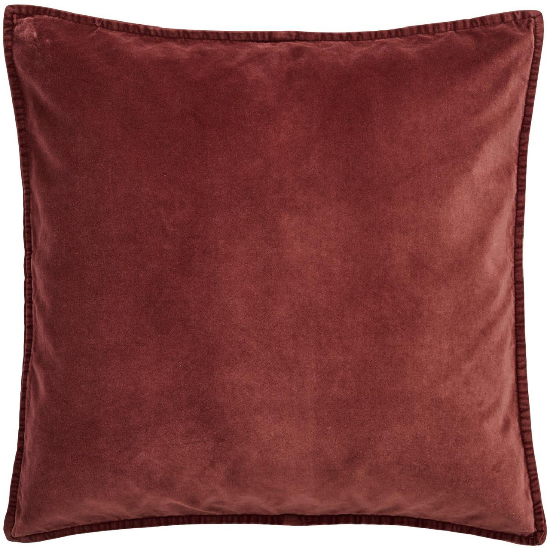 Rødbrun pudebetræk i bomuldsvelour med rynket kantbånd, 50x50 cm