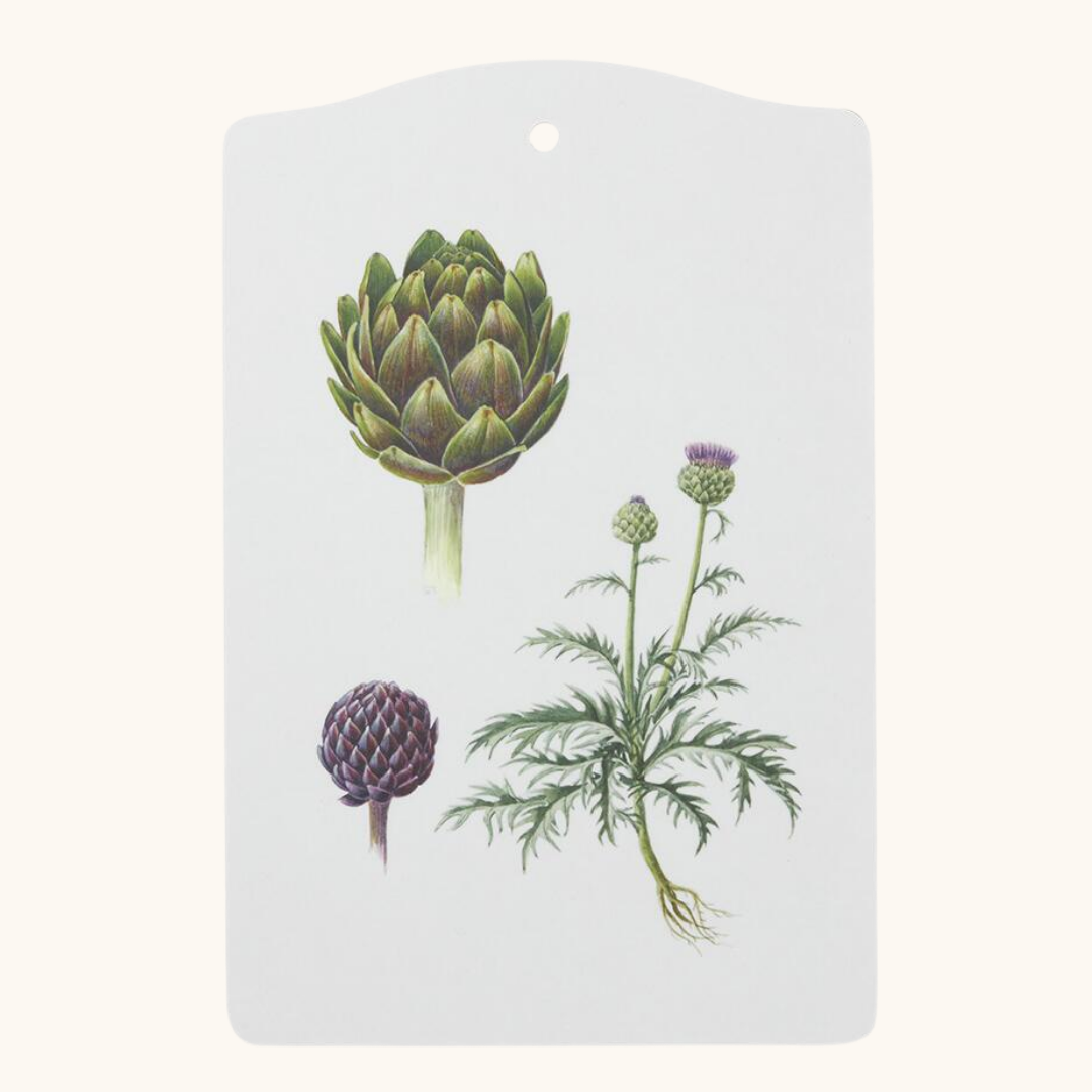 Hvidt skærebræt med botaniske illustrationer af artiskok og tidsel i grønt og lilla