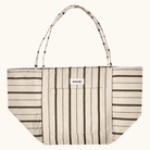 Meraki tote bag i råhvid med armygrønne striber, forlomme og lange hanke