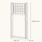 Måldiagram af sammenfoldet tørrestativ i egetræ, 136,5 cm højt og 63 cm bredt