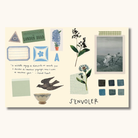 Opslag fra klistermærkebog med botaniske illustrationer, frimærker og tekst i blå og grønne toner