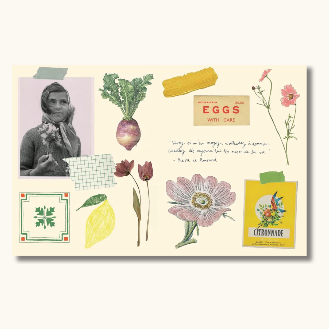Klistermærkebog med botaniske illustrationer, blomster, citater og vintage etiketter på cremefarvet baggrund