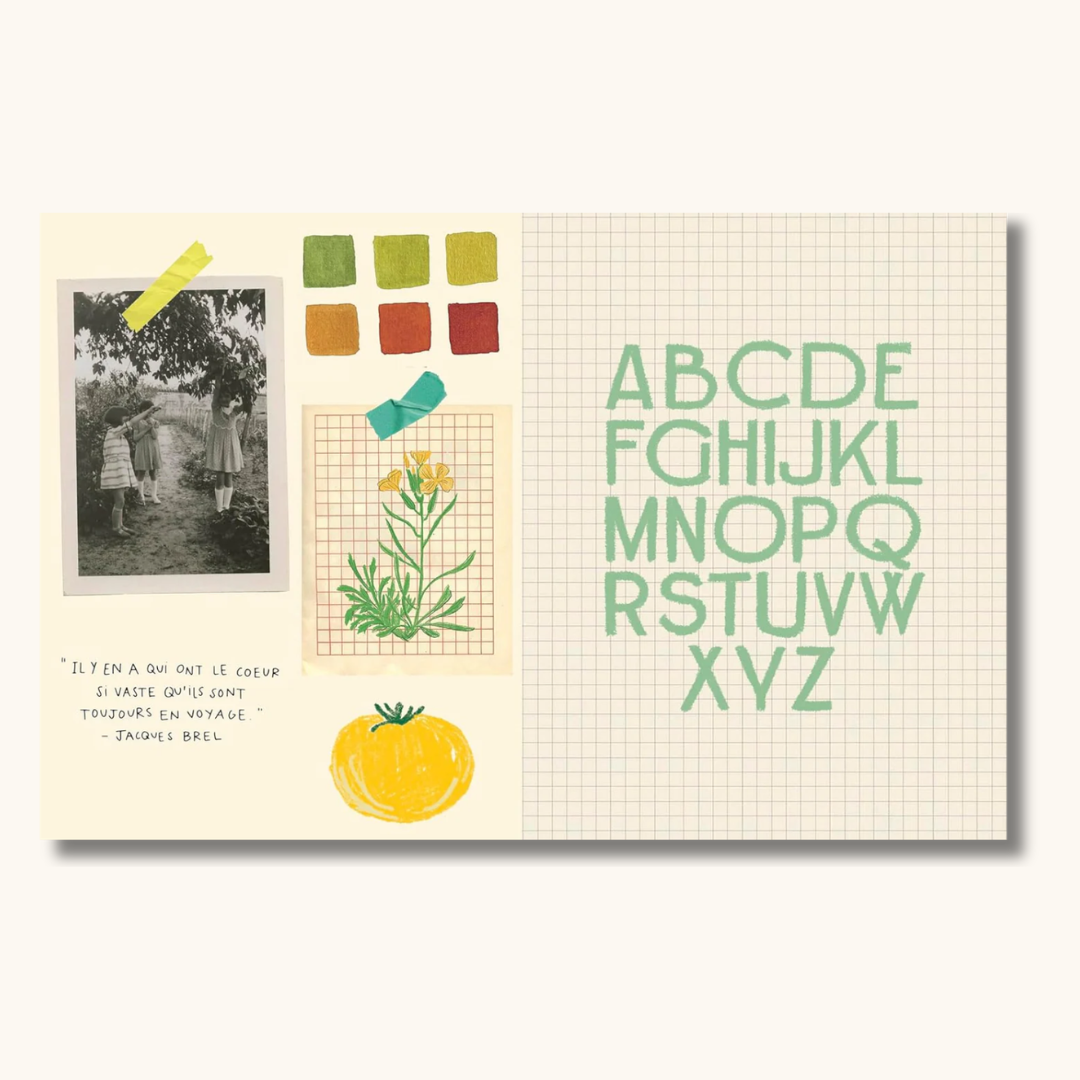 Åben klistermærkebog med botaniske illustrationer, farveprøver og alfabet i grøn på rutepapir