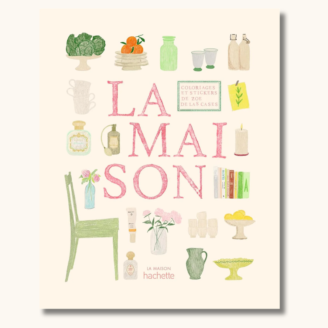 Malebog La Maison med lyserød titel og pastelfarvet illustrationer af husholdningsgenstande