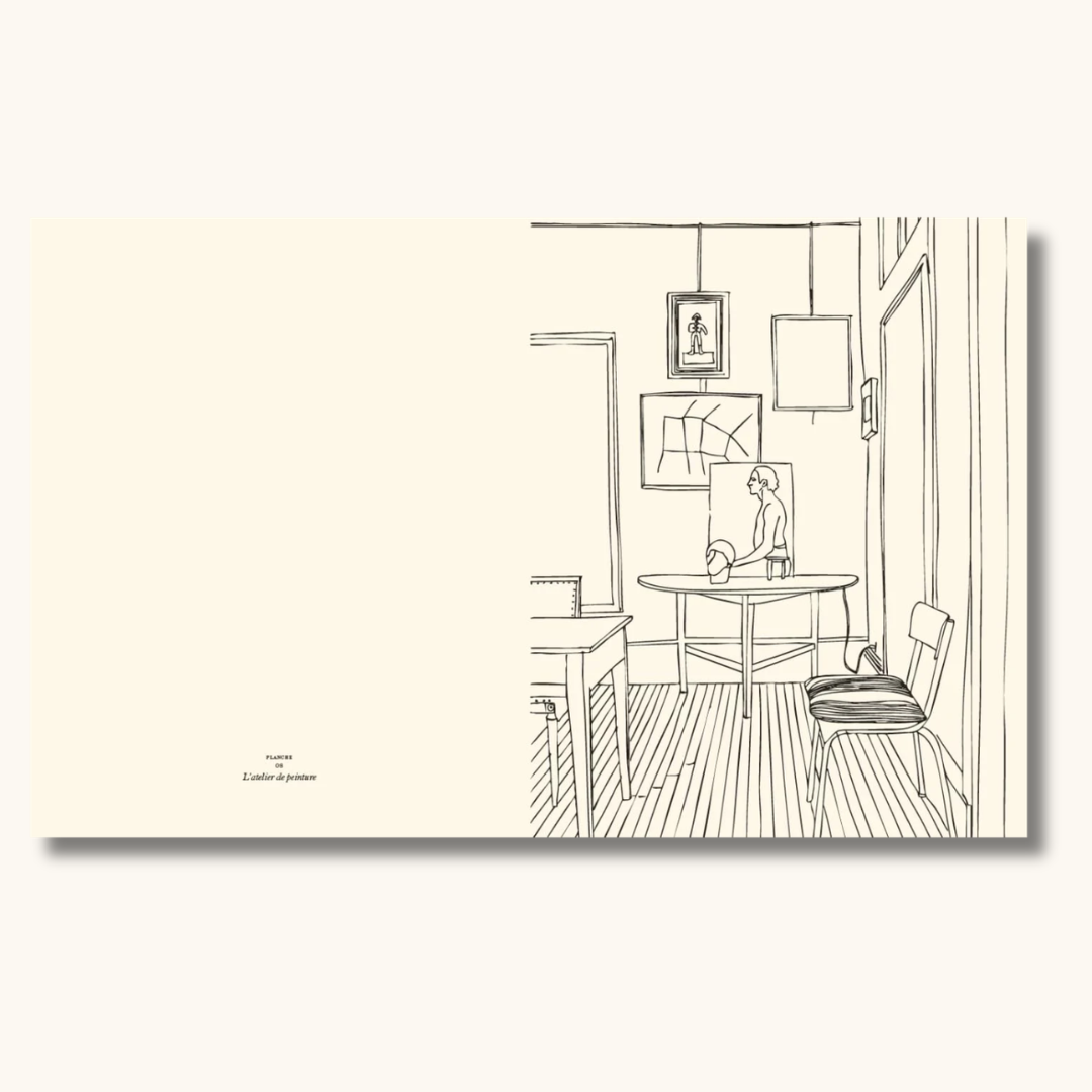 Opslået malebog med sort linje-illustration af maleatelier med møbler og kunstværker