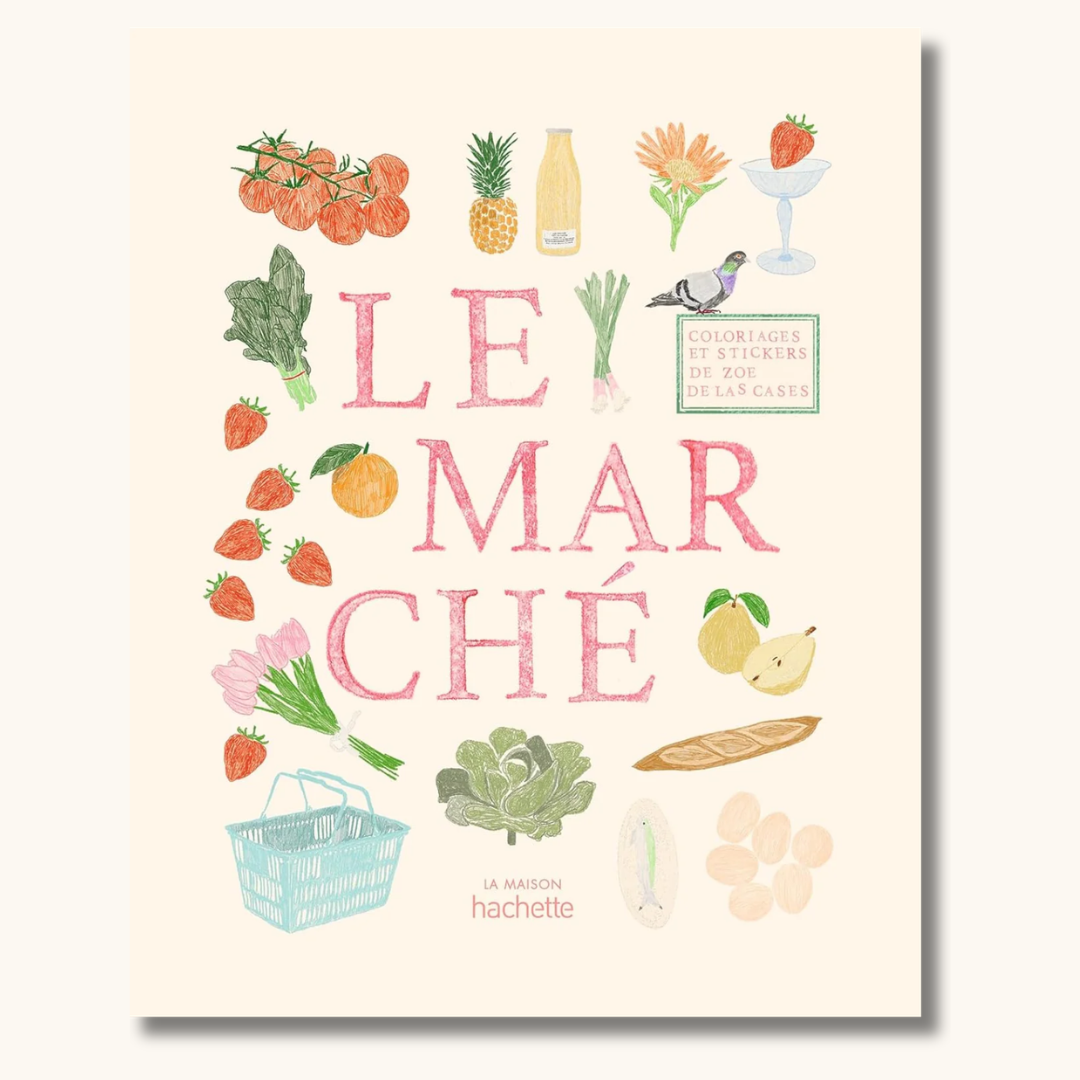 Malebog Le Marché med farverige illustrationer af frugt, grøntsager og blomster på cremefarvet omslag