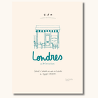 Beige hardcover rejsedagbog om London med turkis illustration af café og håndskrevet titel