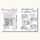 Opslag fra London rejsedagbog med håndtegnede illustrationer af Brasserie Zedel og Charbonnel et Walker