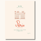 Beige hardcover rejsedagbog om Paris med rød håndskrift og illustration af parisisk facade