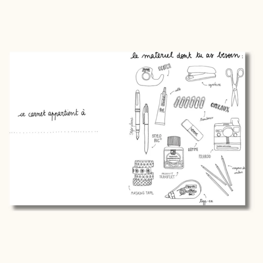 Opslag i rejsedagbog med håndtegnede illustrationer af kontorartikler og fransk tekst