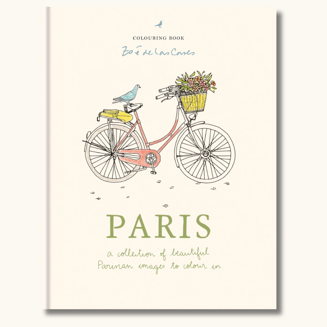 Malebog Paris med illustration af lyserød cykel og blomsterkurv på cremehvidt omslag