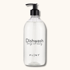 PLINT opvaskemiddel i klar plastflaske med sort pumpe og hvid etiket med teksten Dishwash Orange & Rosemary
