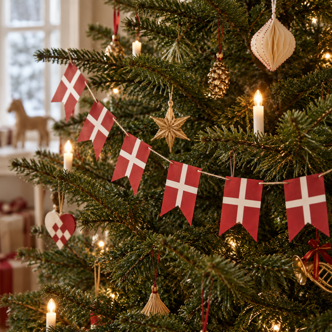 Rød og hvid Dannebrog flagguirlande i papir hængt på grønt juletræ
