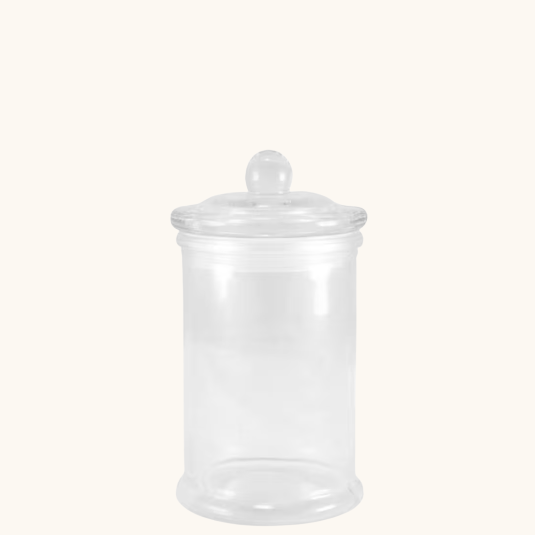 Cylindrisk klar glaskrukke med glaslåg og rund knop