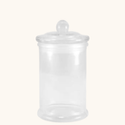 Klar glaskrukke med cylindrisk form og glaslåg med rund knop
