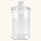 Klar glaskrukke med glaslåg og rund knop, cylindrisk form