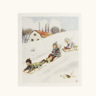 Creme karklud med vintermotiv af børn på kælkebakke, illustreret af Elsa Beskow