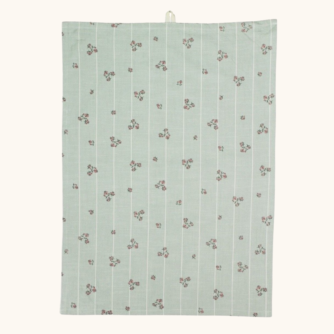 Mintgrønt viskestykke i bomuld med hvide striber og små lyserøde blomster