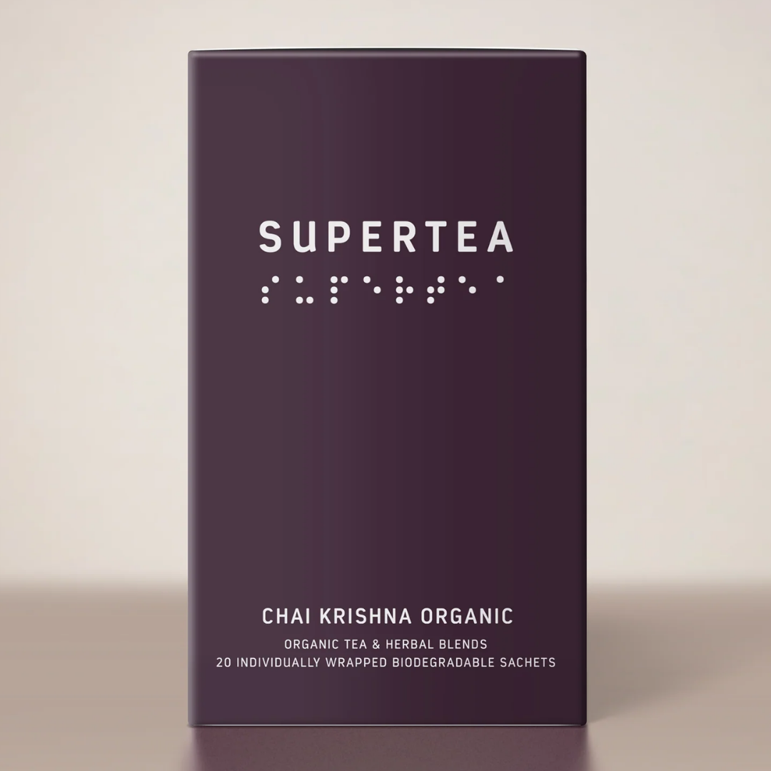 Supertea Chai Krishna Organic teæske med 20 breve i mørk auberginefarvet karton
