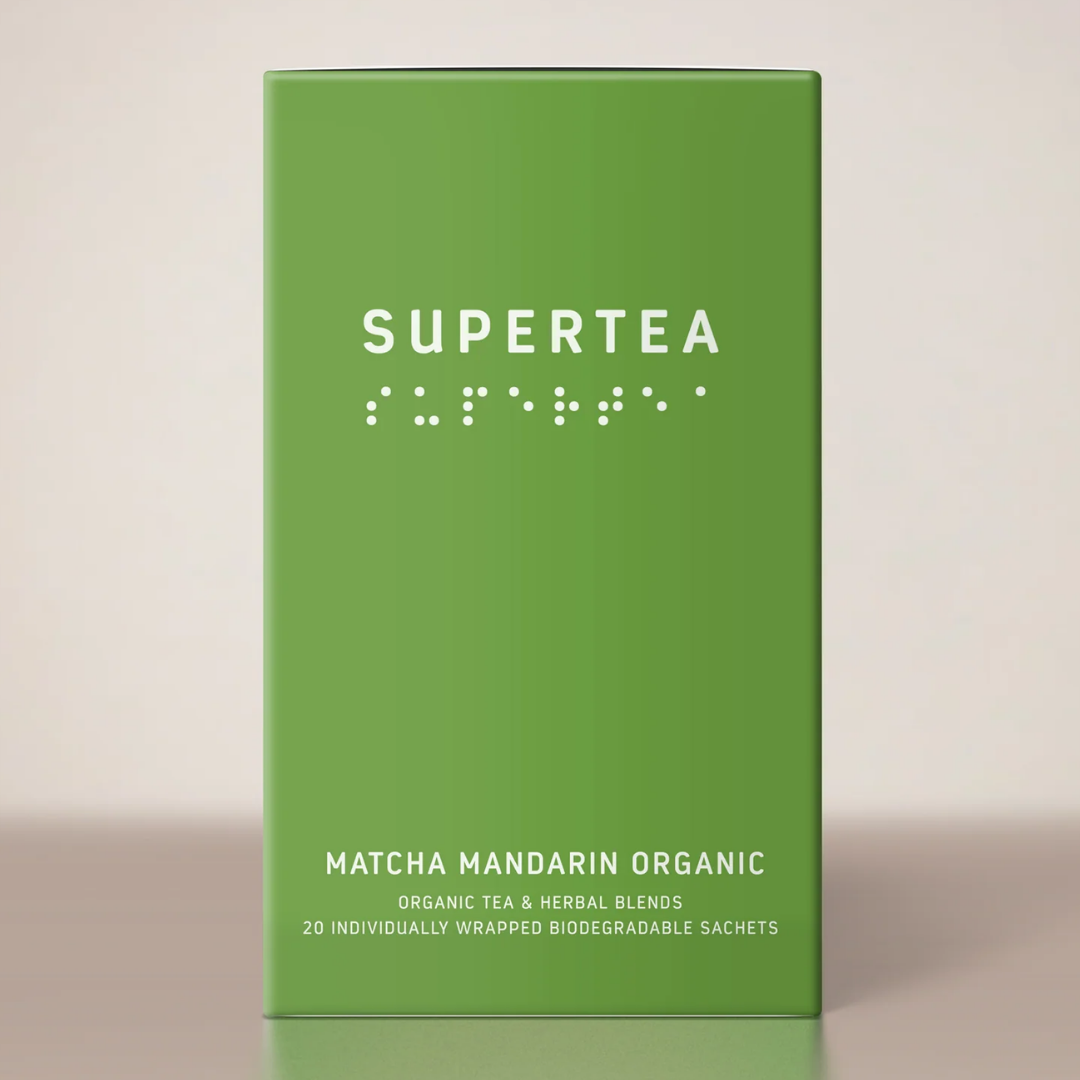Grøn teæske fra Supertea med Matcha Mandarin Organic og braille-tekst, 20 tebreve