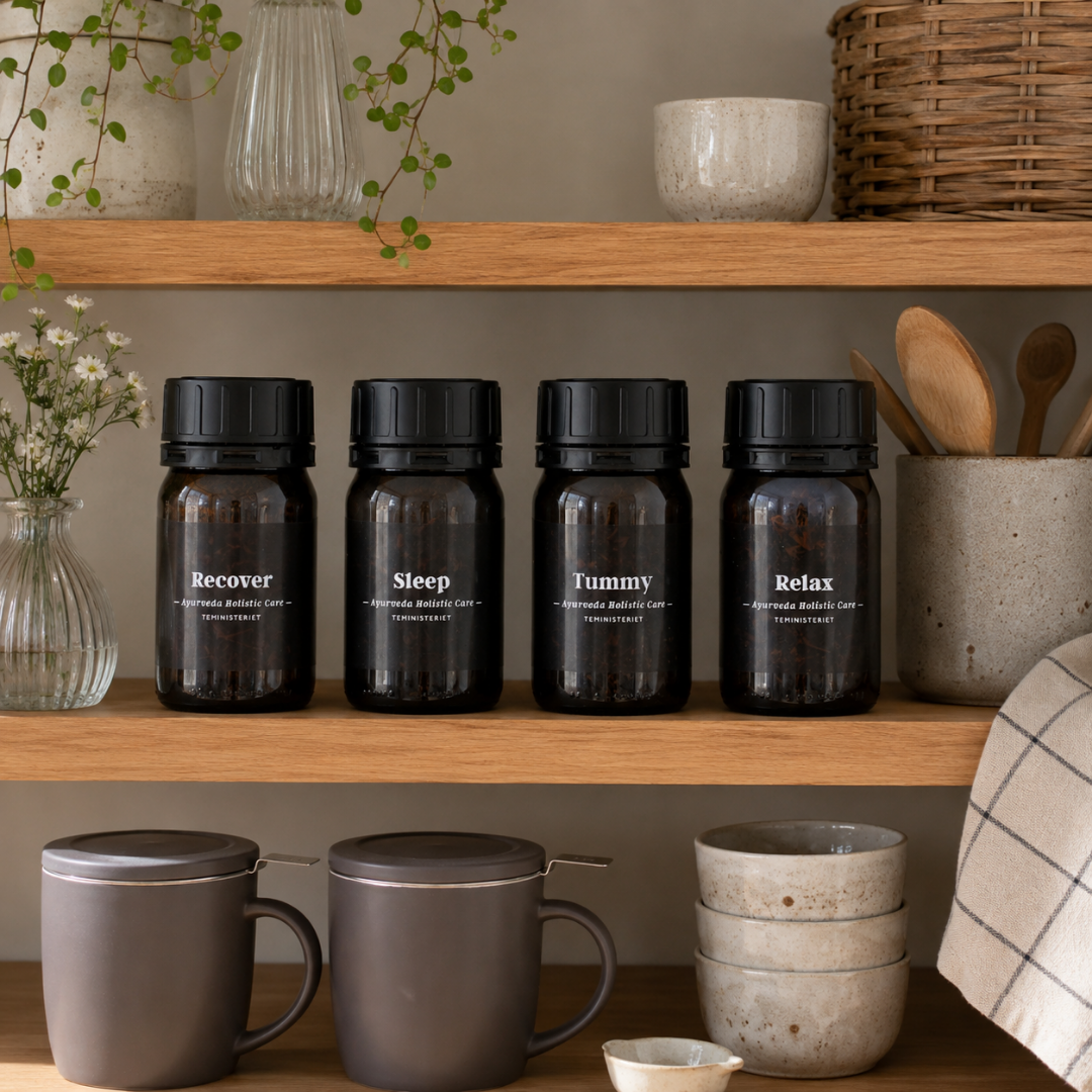 Fire mørkebrune Teministeriet Ayurveda urtete-krukker med sort låg: Recover, Sleep, Tummy og Relax