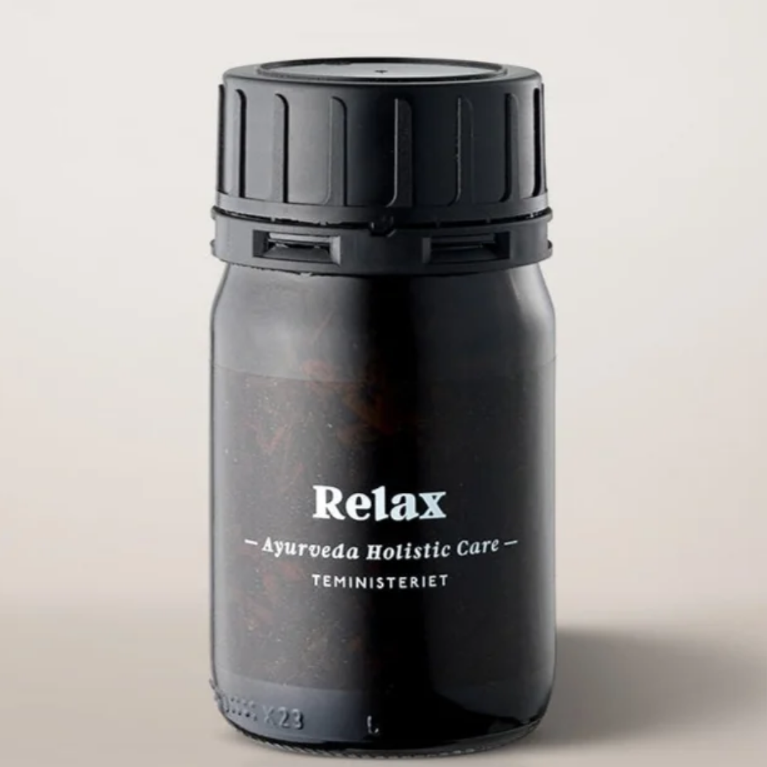 Teministeriet Relax Ayurveda urtete i sort glaskrukke med sort skruelåg