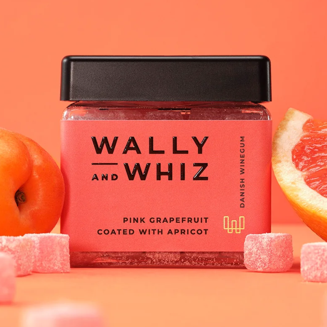 Wally and Whiz vingummibøtte i pink grapefrugt og abrikos med sort låg