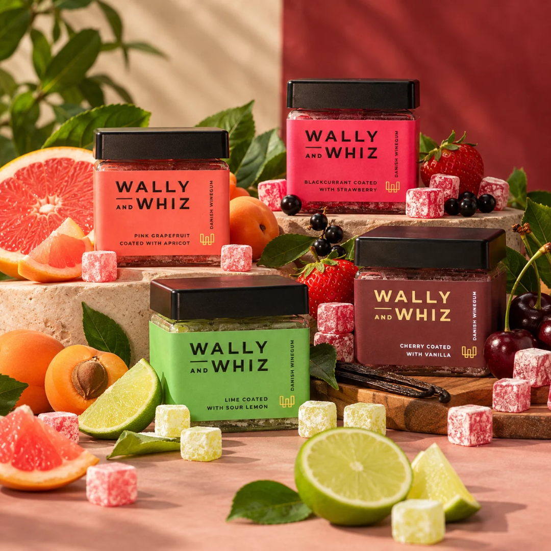 Fire Wally and Whiz vingummibøtter i grøn, pink, rød og brun med forskellige smagsvarianter