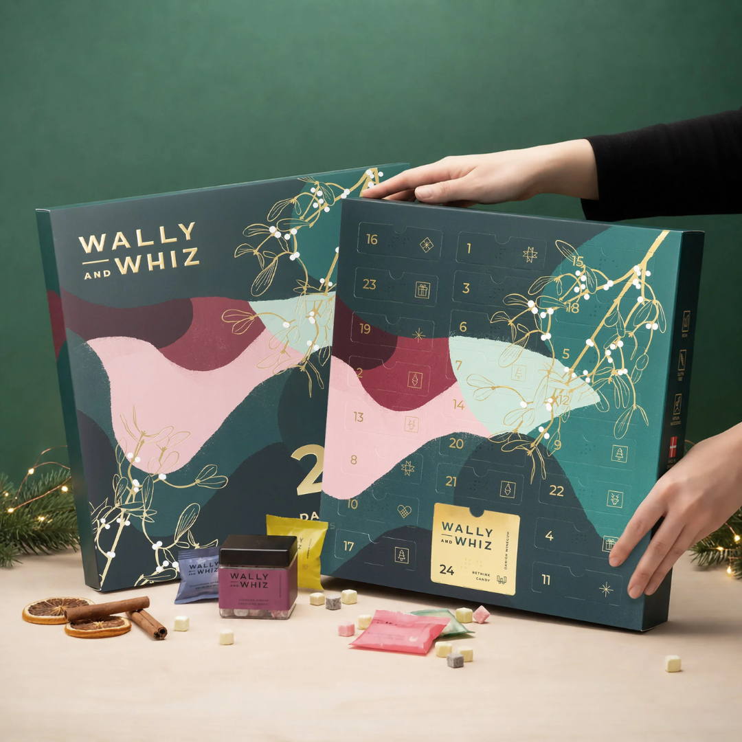 Wally and Whiz julekalender med 24 låger, mørkegrøn æske med guld og farverige mønstre