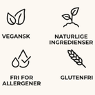 Ikoner der viser vingummikalenderens egenskaber: vegansk, naturlige ingredienser, fri for allergener og glutenfri