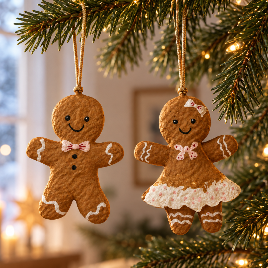 To brune papmaché honningkagefigurer med hvide detaljer og sløjfer hængt i juletræ