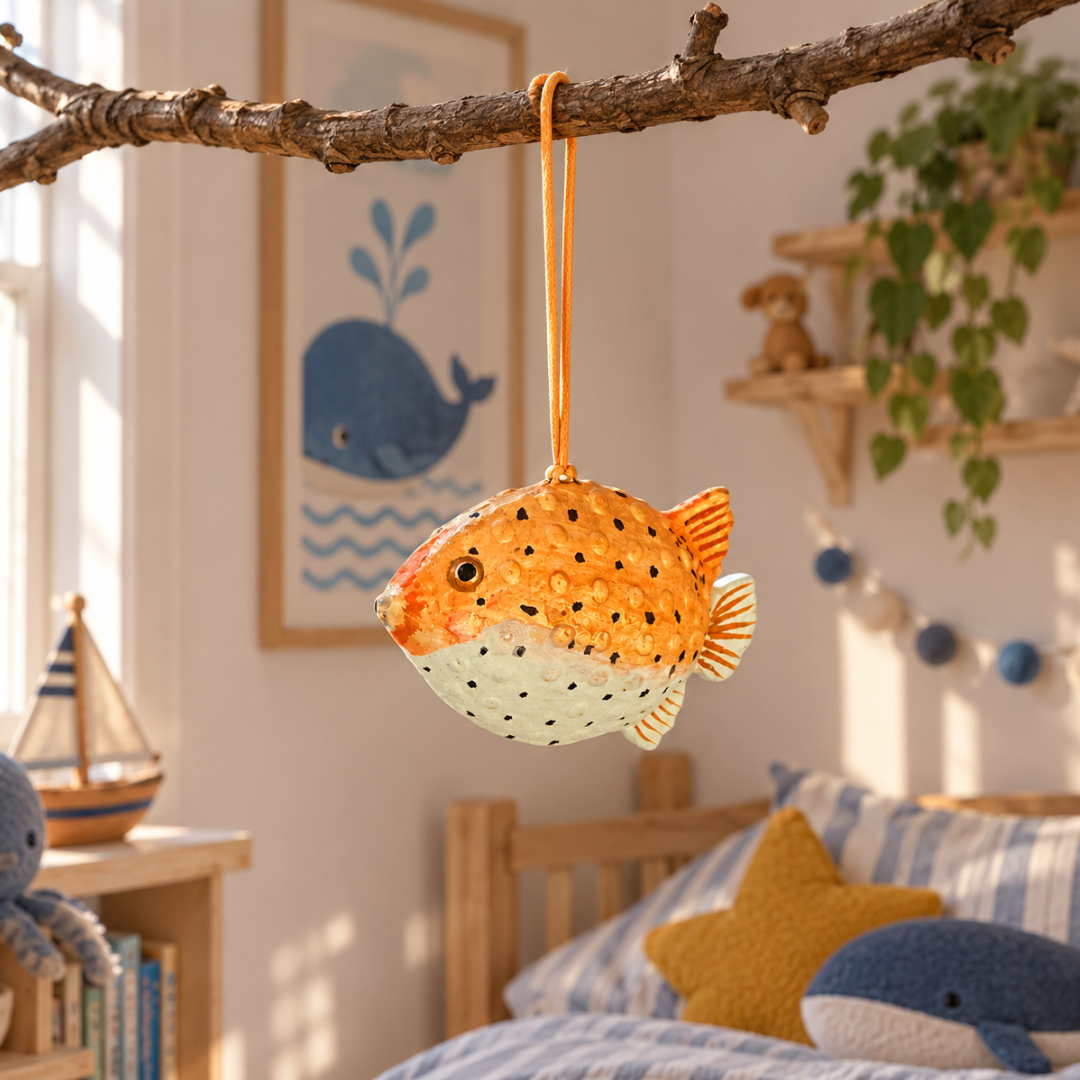 Håndlavet papmaché ballonfisk i orange og hvid med sorte pletter, hængt op med orange snor