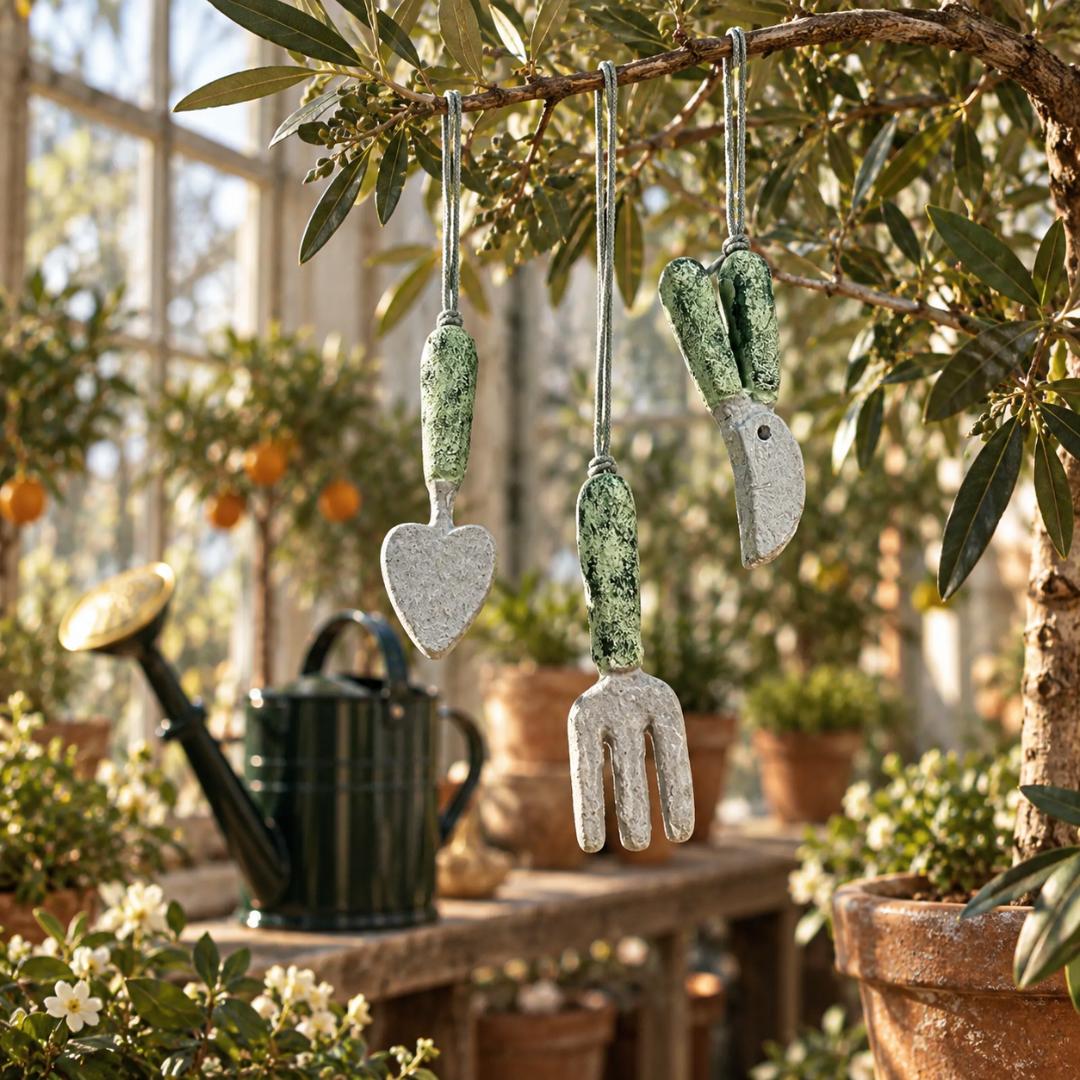 Tre grønne papmaché-haveredskaber i miniature hænger på en gren – saks, rive og spade