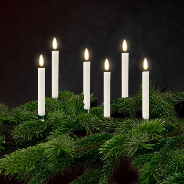 Køb Juletræslys Hvid LED - Sæt af 6 stk | 275,00 | Fri fragt over 149 kr. | Hurtig levering | Dag til dag levering | DELUXE HOMEART | LED-lys, LED-bloklys, Bloklys, Kunstigt lys, Batterilys, Lys med batterier, REAL FLAME™, Remote, Remote control