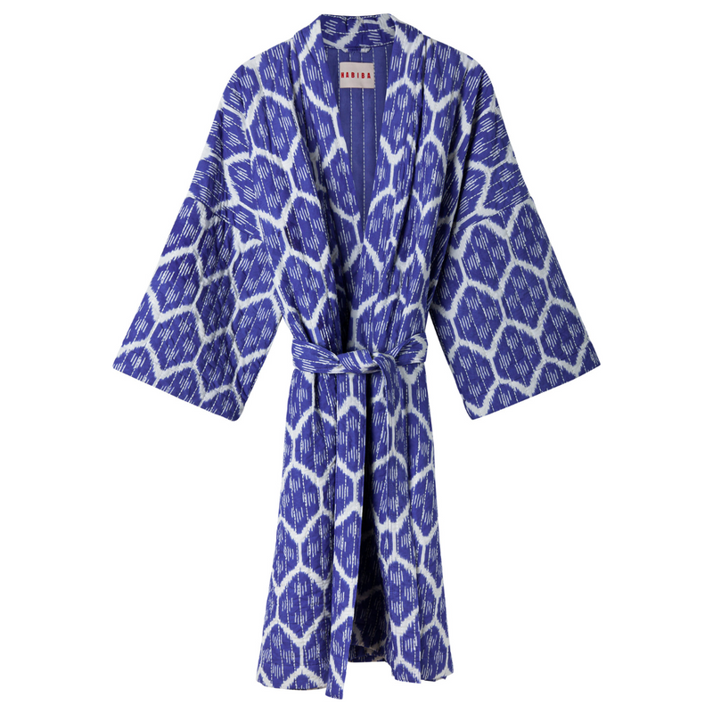 Køb Jakke / Kimono Ikat Japan Blue | 1.149,00 | Findes i flere farver | Fri fragt over 149 kr. | Hurtig levering | Dag til dag levering | Habiba | Kåbe, Morgenkåbe, Kimono, Strandkåbe, Slå-om-kjole, Jakke, Cardigan, Kjole, Blomster